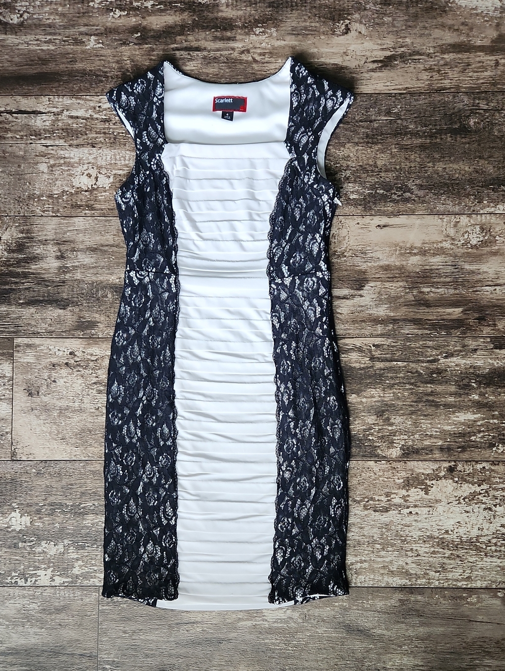 Scarlett White Dress with Black Lace Side Panels and Cap Sleeves
